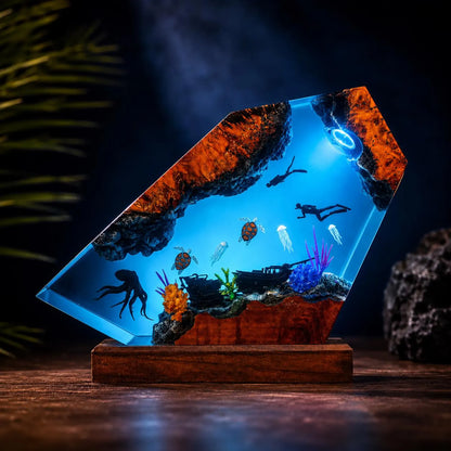 Ocean Resin Lamp Scuba Diver Night Light Sea Turtle Octopus Handmade Underwater Diorama Decor