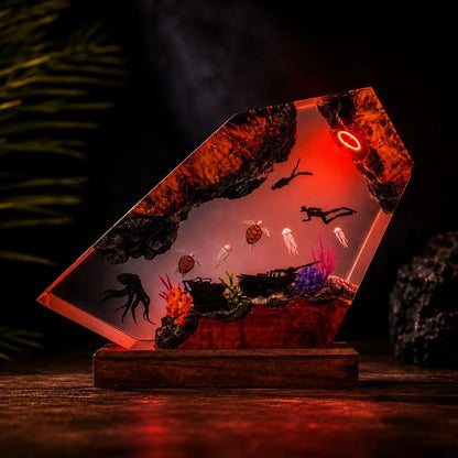 Ocean Resin Lamp Scuba Diver Night Light Sea Turtle Octopus Handmade Underwater Diorama Decor