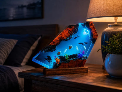 Ocean Resin Lamp Scuba Diver Night Light Sea Turtle Octopus Handmade Underwater Diorama Decor