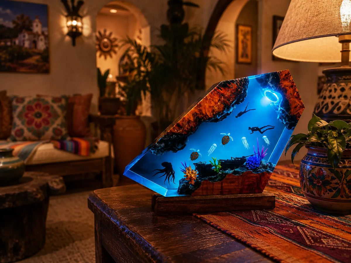 Ocean Resin Lamp Scuba Diver Night Light Sea Turtle Octopus Handmade Underwater Diorama Decor