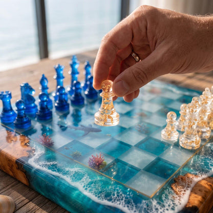 Handcrafted Whale Shark Ocean Resin Chess Set – Luxury Burl Wood Epoxy Chess Board with Pieces