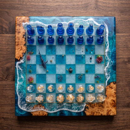 Handcrafted Whale Shark Ocean Resin Chess Set – Luxury Burl Wood Epoxy Chess Board with Pieces
