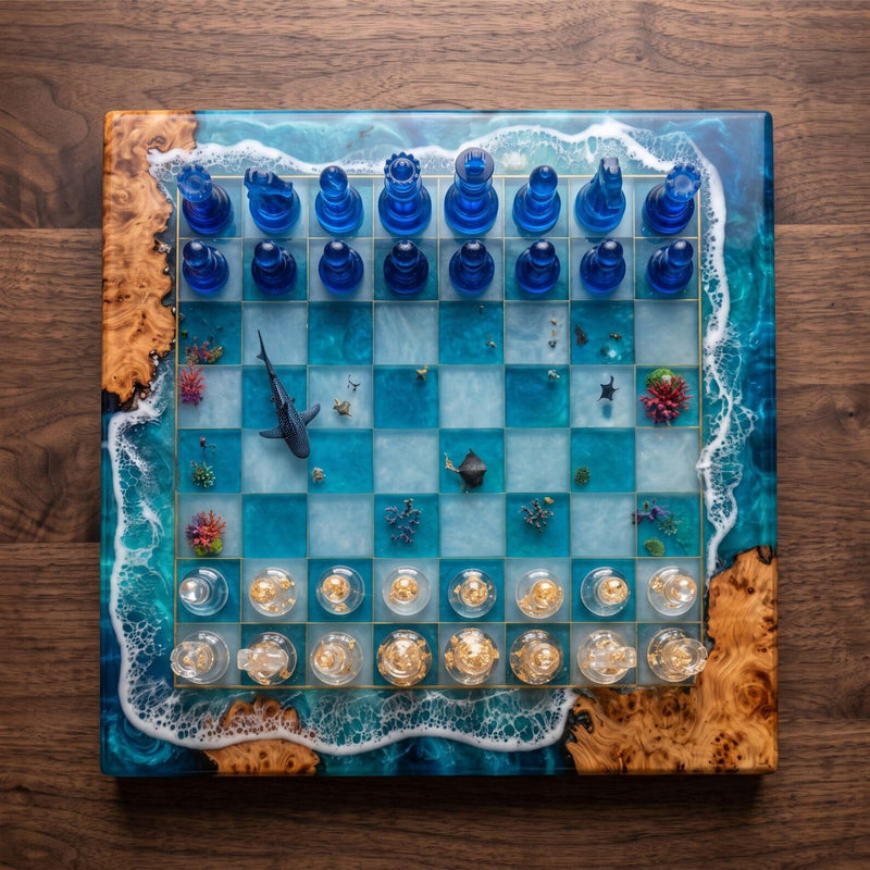 Handcrafted Whale Shark Ocean Resin Chess Set – Luxury Burl Wood Epoxy Chess Board with Pieces