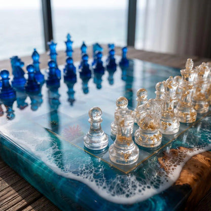 Handcrafted Whale Shark Ocean Resin Chess Set – Luxury Burl Wood Epoxy Chess Board with Pieces