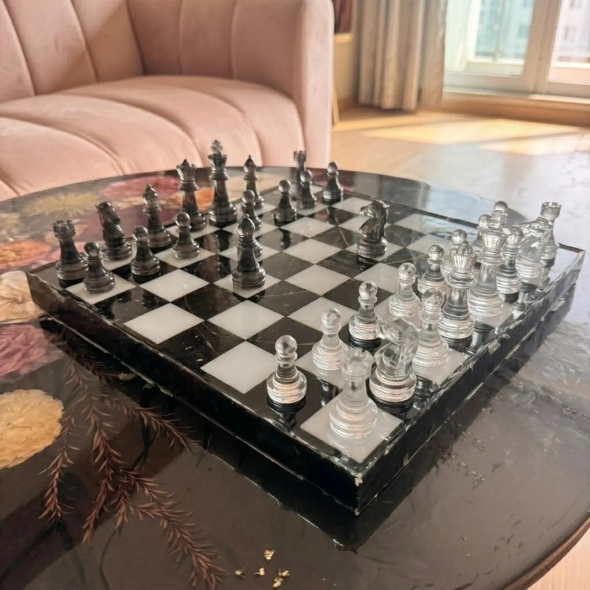Handmade Epoxy Resin Chess Set with Luxury Wooden Board and 32 Unique Artistic Pieces