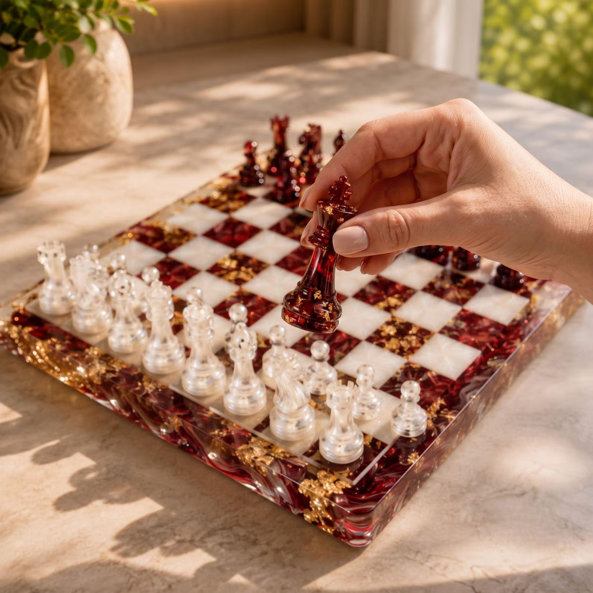 Handmade Burgundy Resin Chess Set with Gold Foil Ruby Red Epoxy Chess Board Design