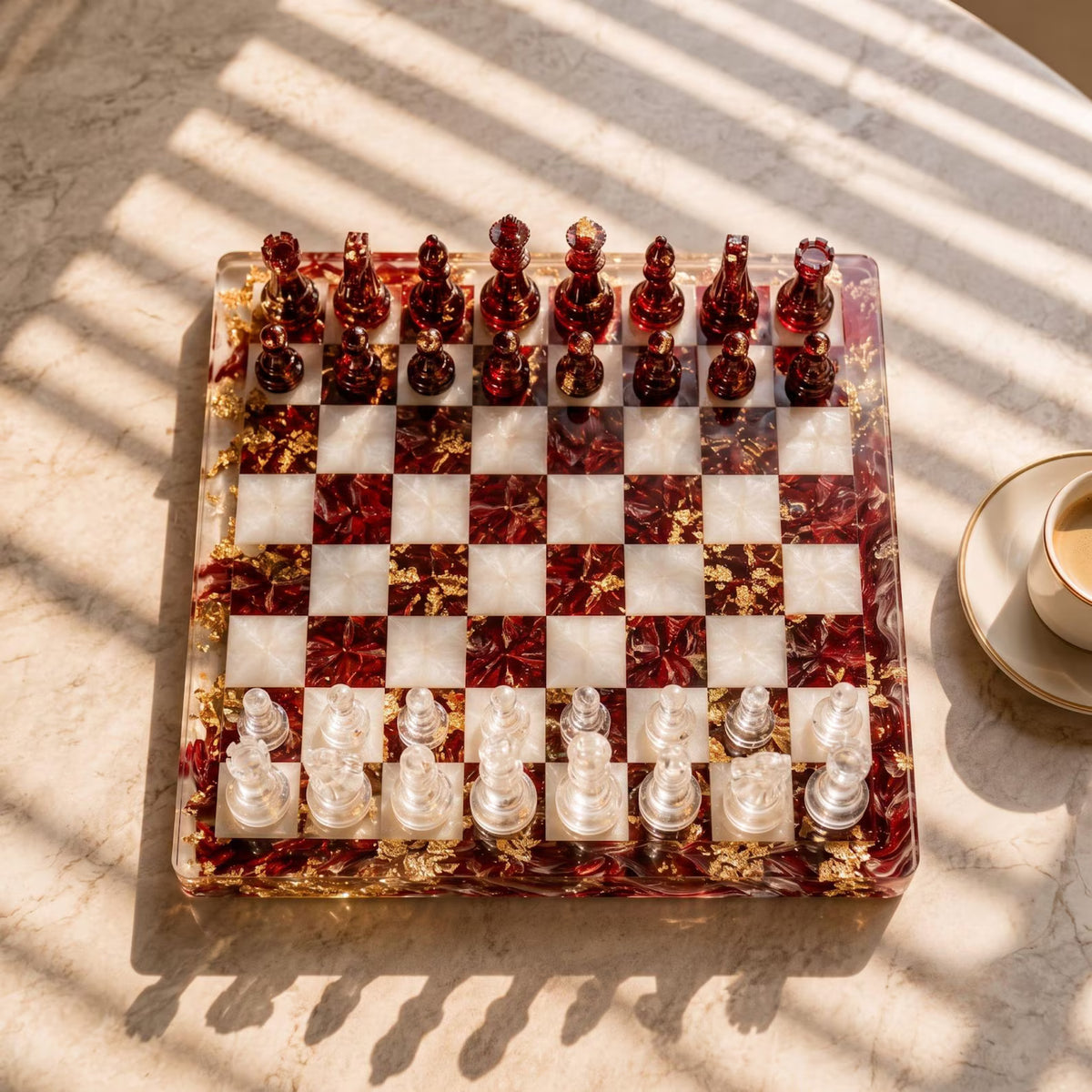 Handmade Burgundy Resin Chess Set with Gold Foil Ruby Red Epoxy Chess Board Design