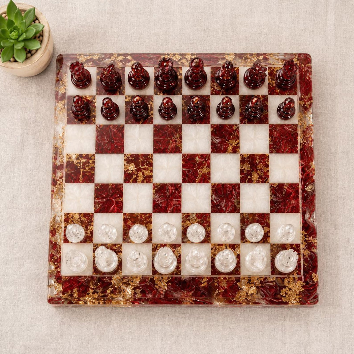 Handmade Burgundy Resin Chess Set with Gold Foil Ruby Red Epoxy Chess Board Design