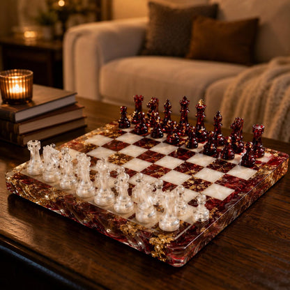 Handmade Burgundy Resin Chess Set with Gold Foil Ruby Red Epoxy Chess Board Design