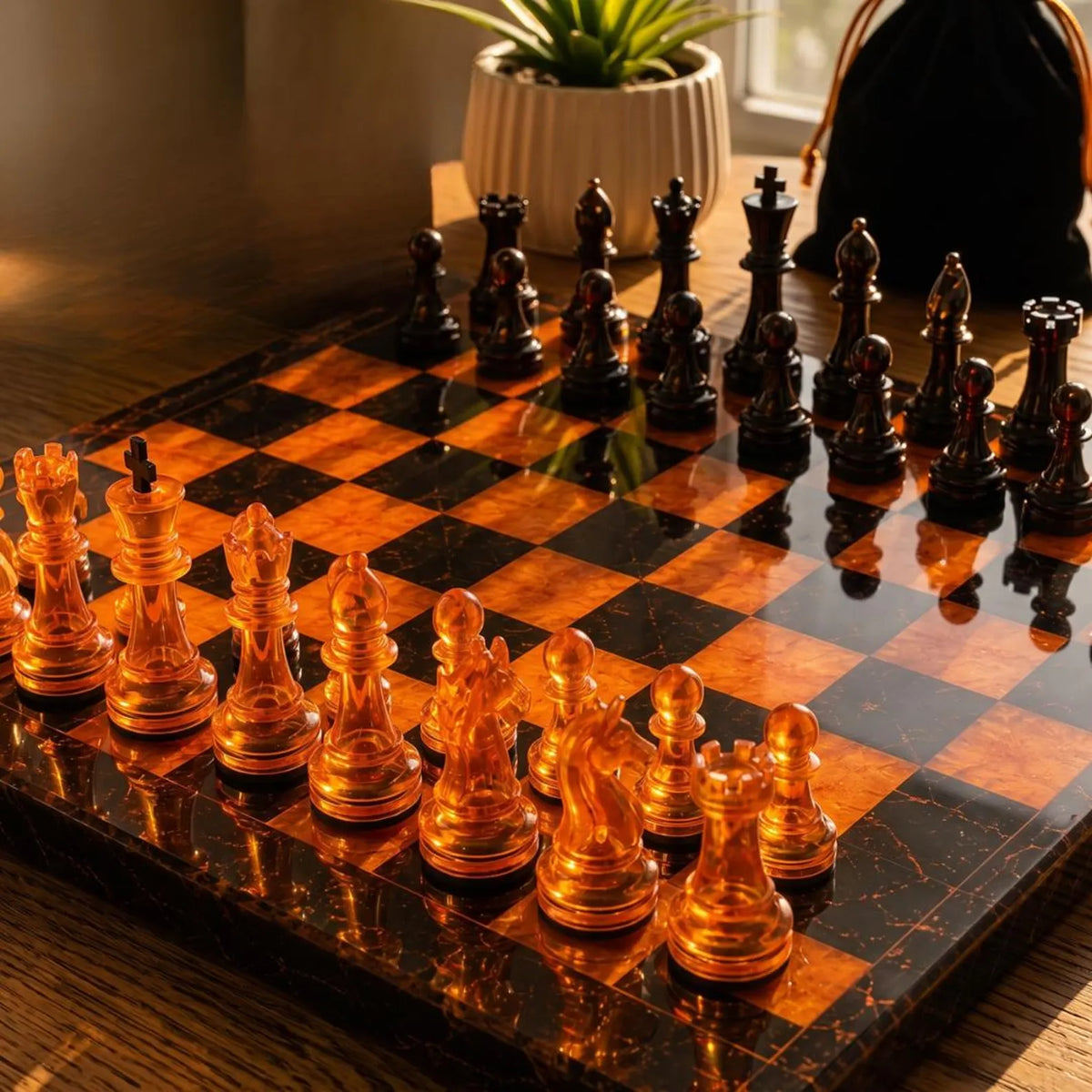 Handmade Halloween Resin Chess Set with Spooky Wood Board and Unique Artistic Chess Pieces