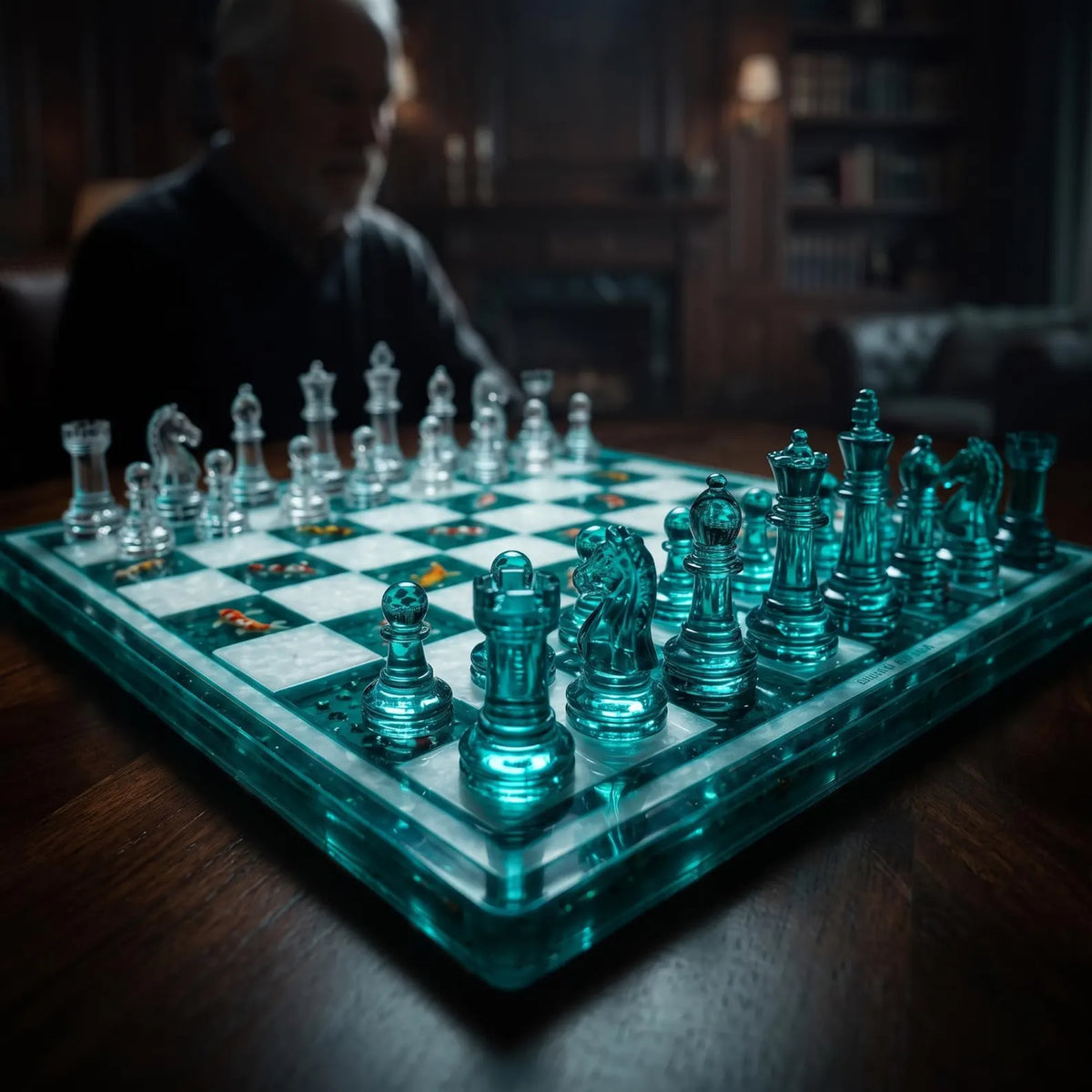 Koi Pond Wood Resin Chess Set with Turquoise and White Pieces, Handmade Artistic Board Design