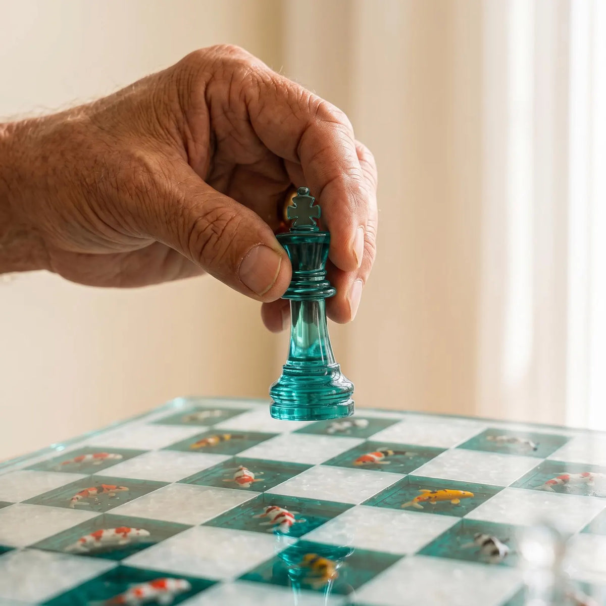 Koi Pond Wood Resin Chess Set with Turquoise and White Pieces, Handmade Artistic Board Design