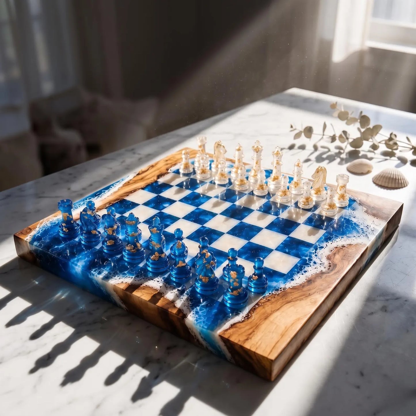 Luxury Ocean Resin Chess Set with Handmade Blue Epoxy Wood Board and 32 Pieces