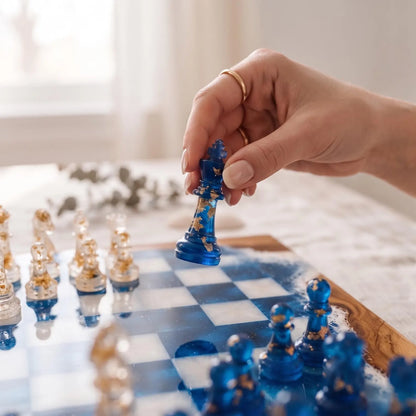 Luxury Ocean Resin Chess Set with Handmade Blue Epoxy Wood Board and 32 Pieces