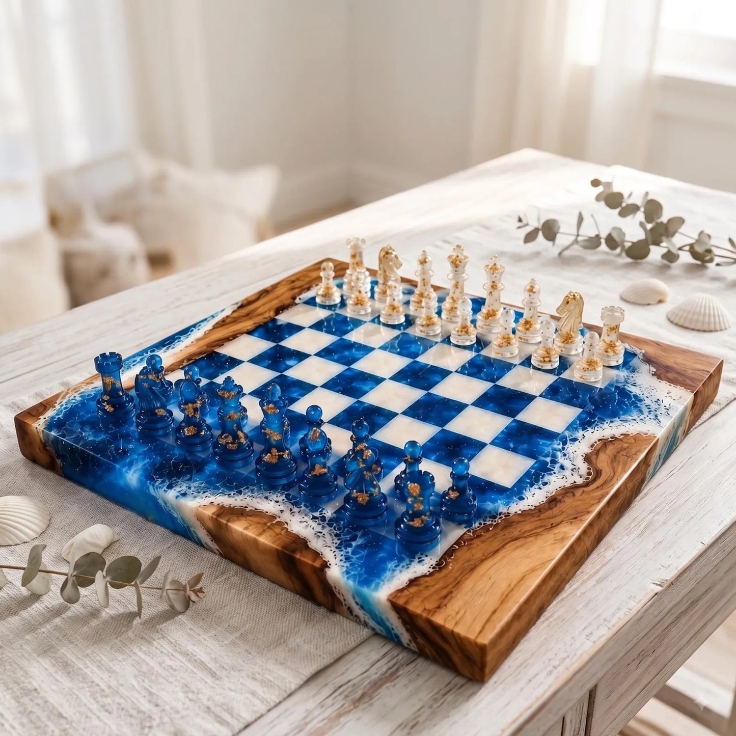 Luxury Ocean Resin Chess Set with Handmade Blue Epoxy Wood Board and 32 Pieces