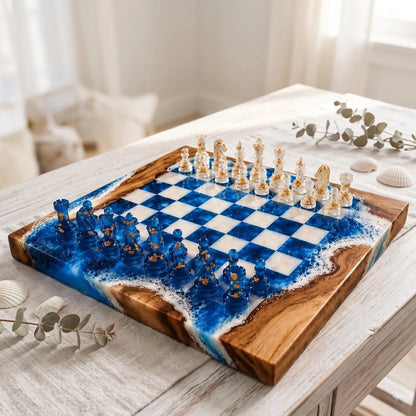 Luxury Ocean Resin Chess Set with Handmade Blue Epoxy Wood Board and 32 Pieces