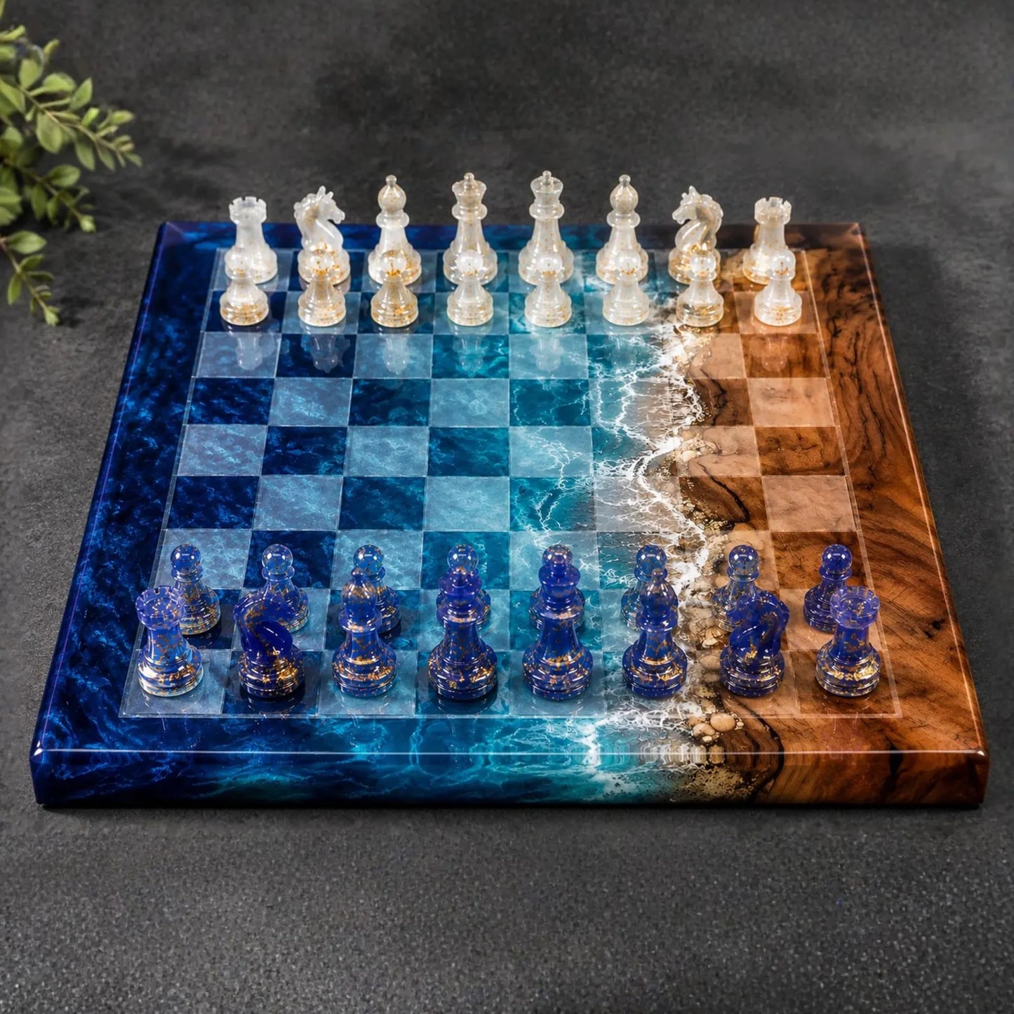 Ocean Resin Chess Set with Pieces, Deep Blue Epoxy Wood Chess Board, 32 Transparent Chess Pieces