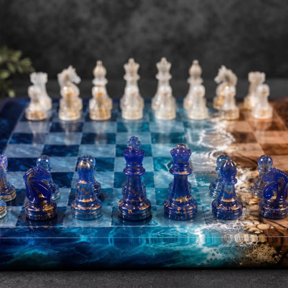 Ocean Resin Chess Set with Pieces, Deep Blue Epoxy Wood Chess Board, 32 Transparent Chess Pieces