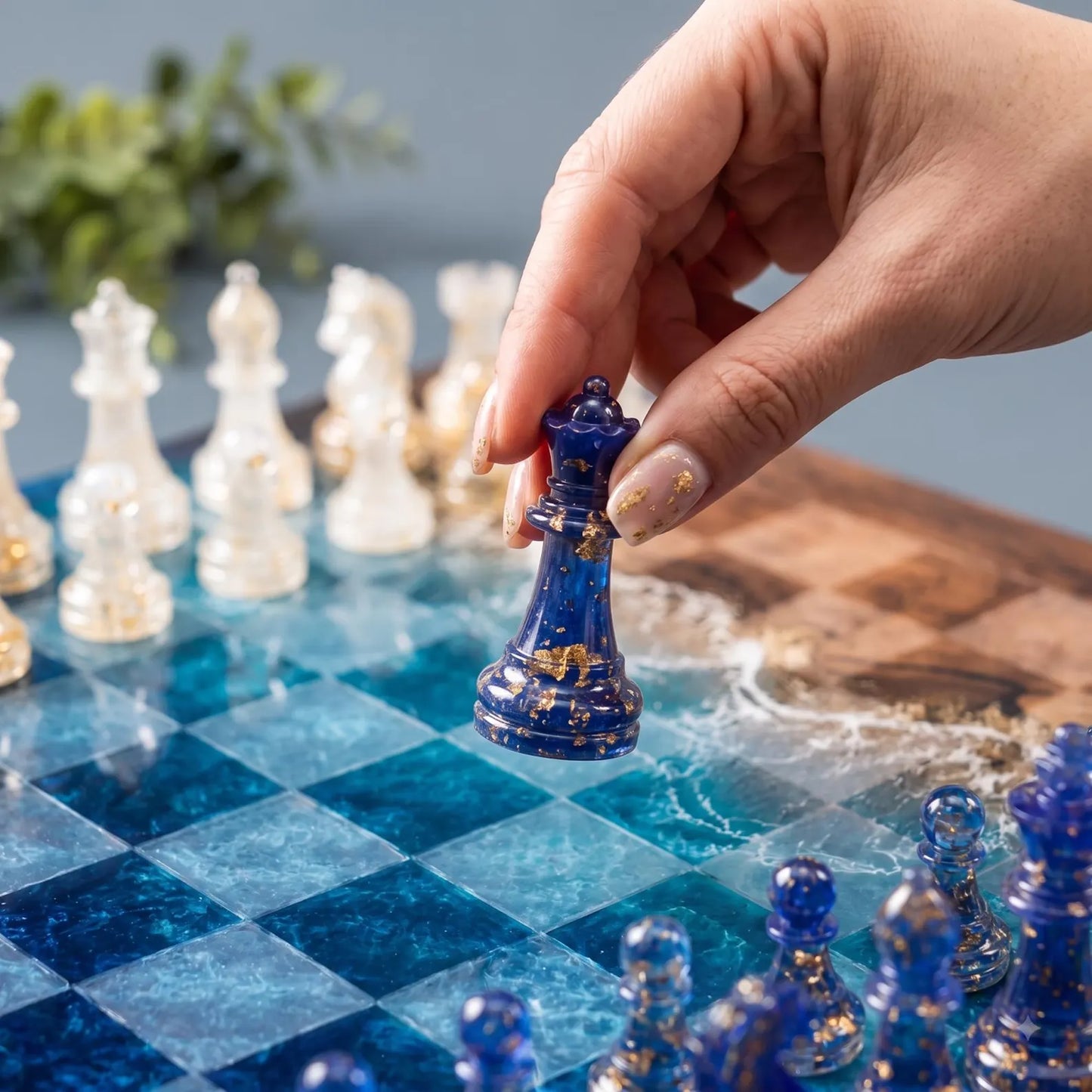 Ocean Resin Chess Set with Pieces, Deep Blue Epoxy Wood Chess Board, 32 Transparent Chess Pieces