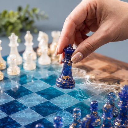 Ocean Resin Chess Set with Pieces, Deep Blue Epoxy Wood Chess Board, 32 Transparent Chess Pieces