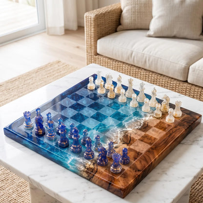 Ocean Resin Chess Set with Pieces, Deep Blue Epoxy Wood Chess Board, 32 Transparent Chess Pieces