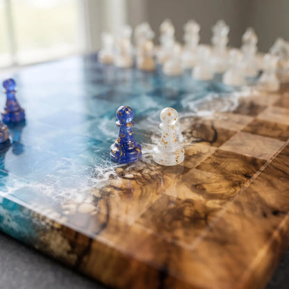 Ocean Resin Chess Set with Pieces, Deep Blue Epoxy Wood Chess Board, 32 Transparent Chess Pieces
