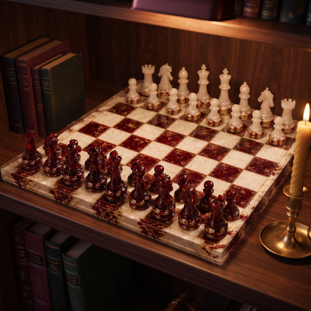 Personalized Burgundy Epoxy Resin Chess Set with Gold Foil Wooden Board and Handmade Pieces
