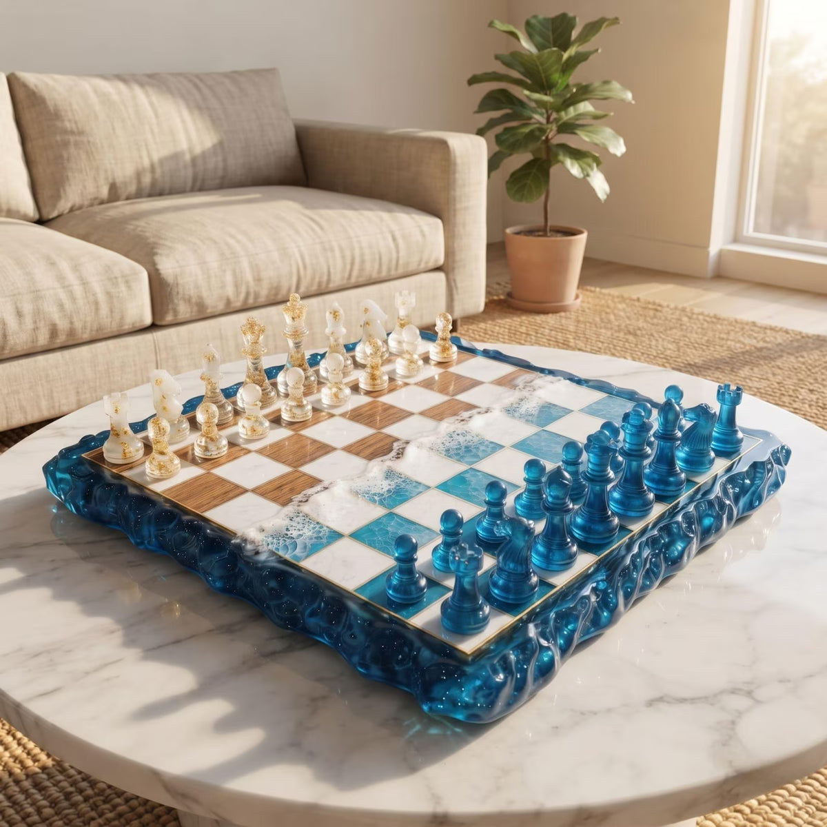 Luxury Ocean Resin Chess Set with Handcrafted Wood and Epoxy Coastal Game Board Design