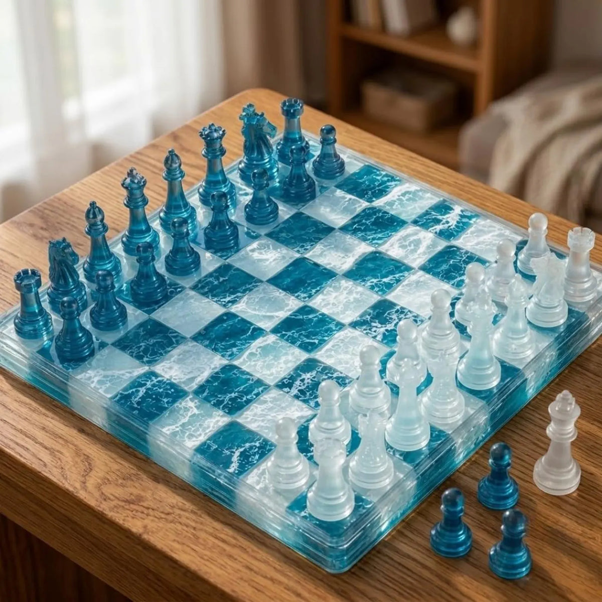 Luxury Teal Blue Resin Chess Set with Handmade Marble Effect Epoxy Tabletop Chess Board