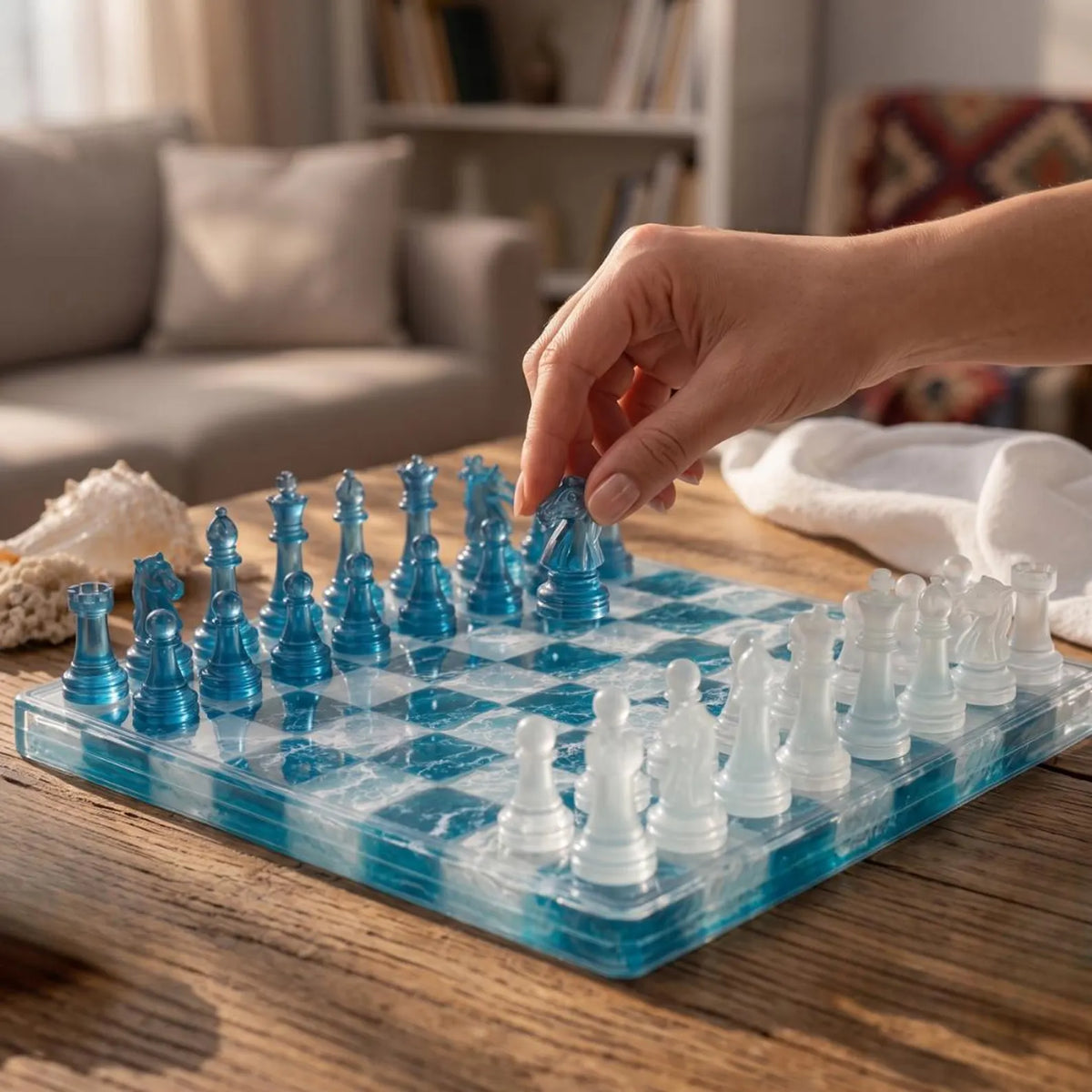 Luxury Teal Blue Resin Chess Set with Handmade Marble Effect Epoxy Tabletop Chess Board