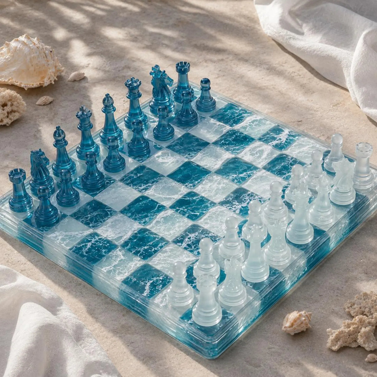 Luxury Teal Blue Resin Chess Set with Handmade Marble Effect Epoxy Tabletop Chess Board