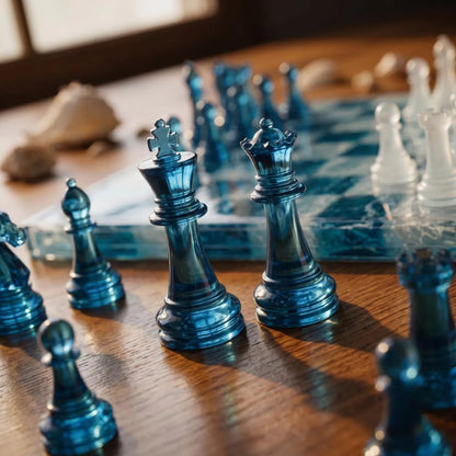 Luxury Teal Blue Resin Chess Set with Handmade Marble Effect Epoxy Tabletop Chess Board