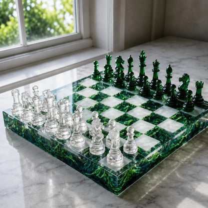 Handmade Green Mountain Resin Chess Set – Nature Inspired Epoxy Chess Board with Clear Pieces