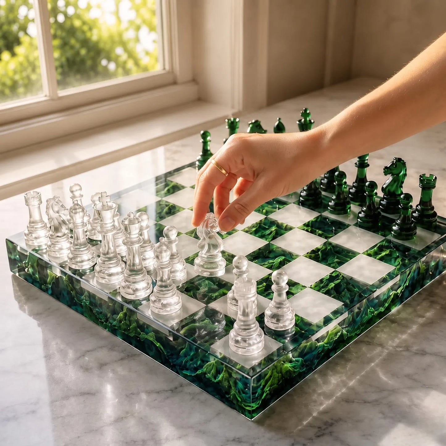 Handmade Green Mountain Resin Chess Set – Nature Inspired Epoxy Chess Board with Clear Pieces