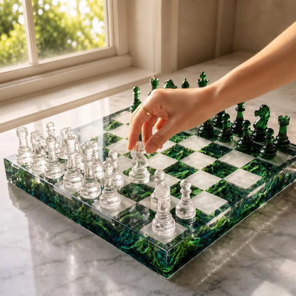 Handmade Green Mountain Resin Chess Set – Nature Inspired Epoxy Chess Board with Clear Pieces