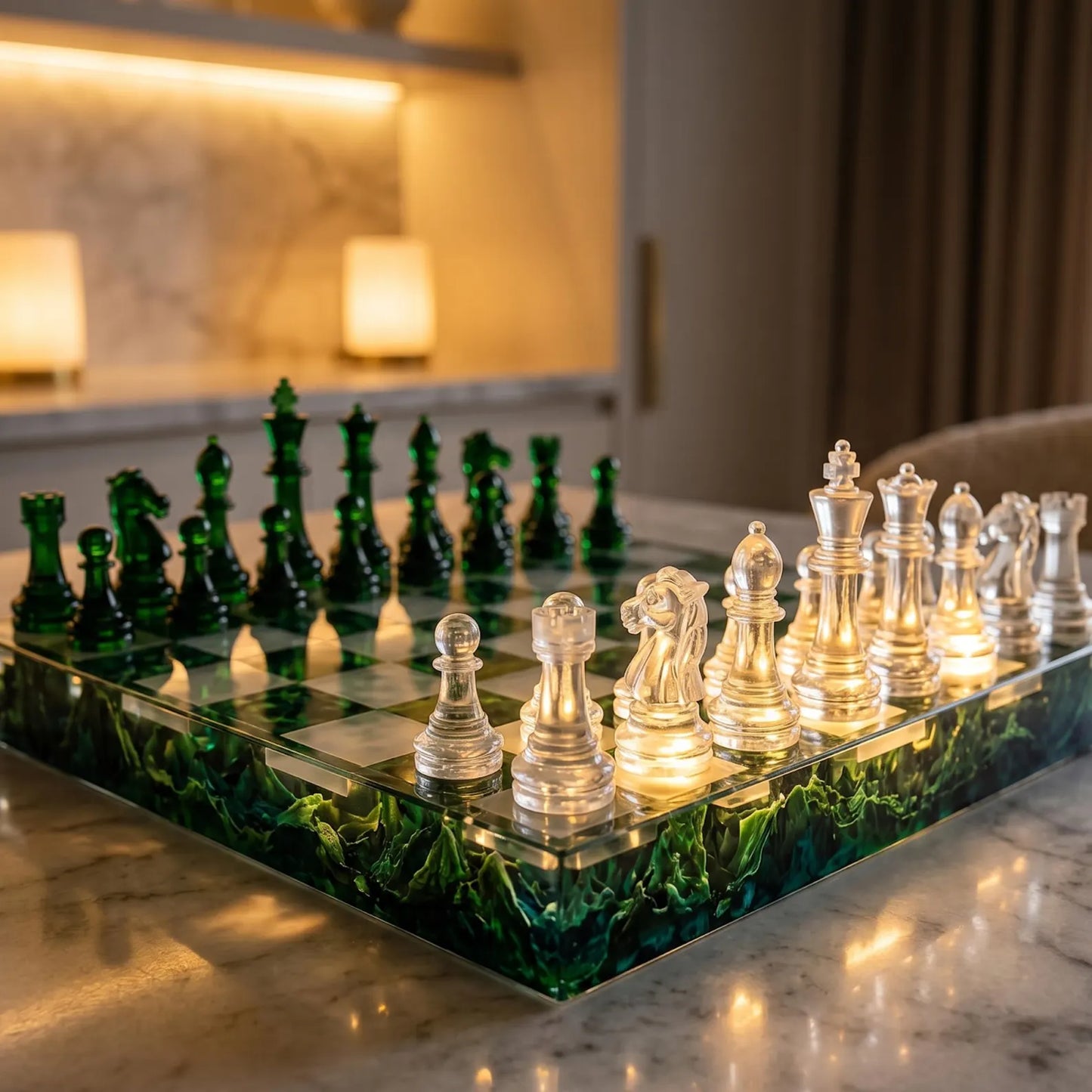 Handmade Green Mountain Resin Chess Set – Nature Inspired Epoxy Chess Board with Clear Pieces