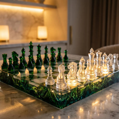 Handmade Green Mountain Resin Chess Set – Nature Inspired Epoxy Chess Board with Clear Pieces