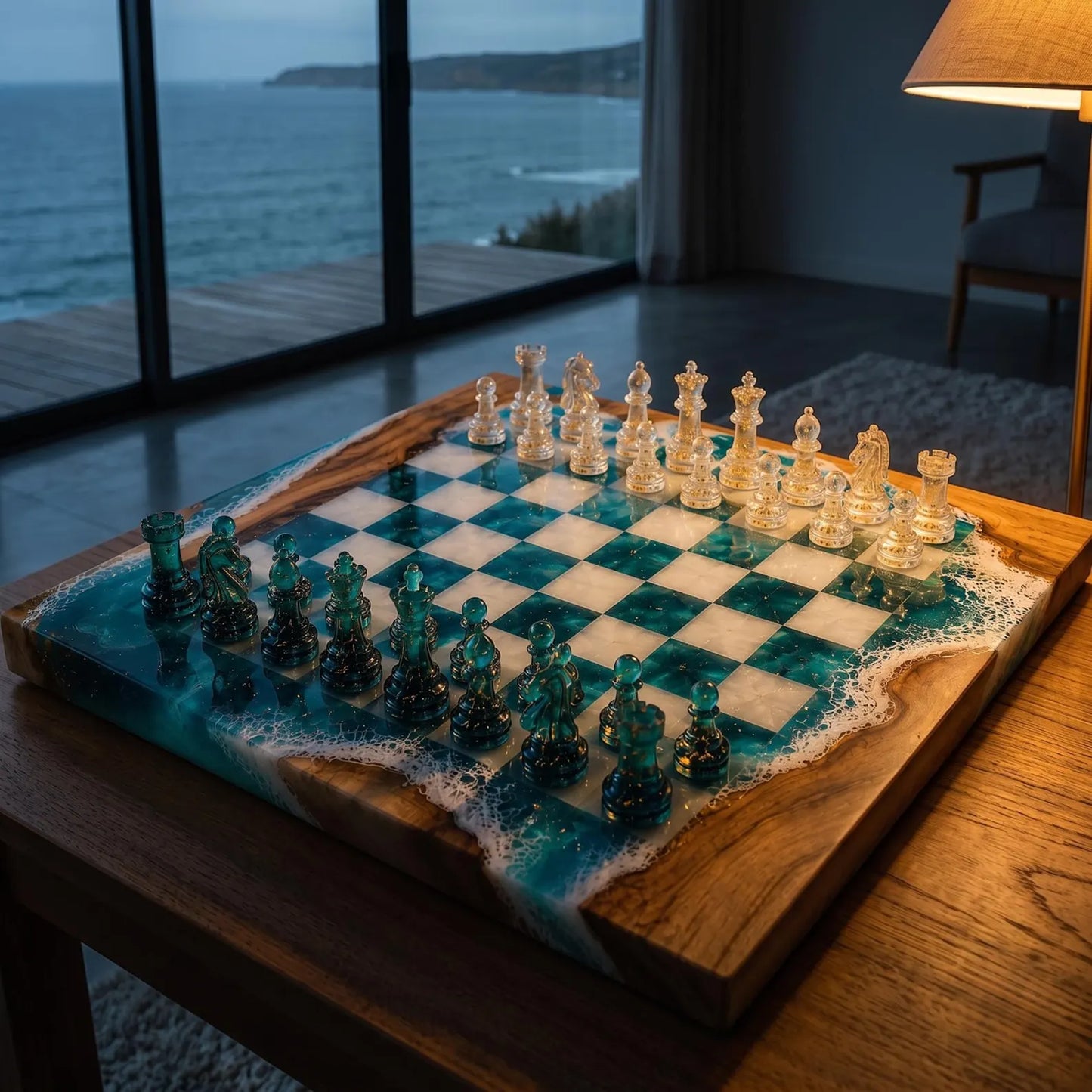 Handcrafted Ocean Blue Resin Chess Set – Luxury Epoxy Wood Chess Board with Pieces