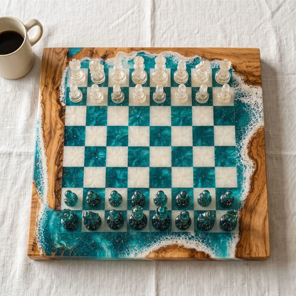 Handcrafted Ocean Blue Resin Chess Set – Luxury Epoxy Wood Chess Board with Pieces
