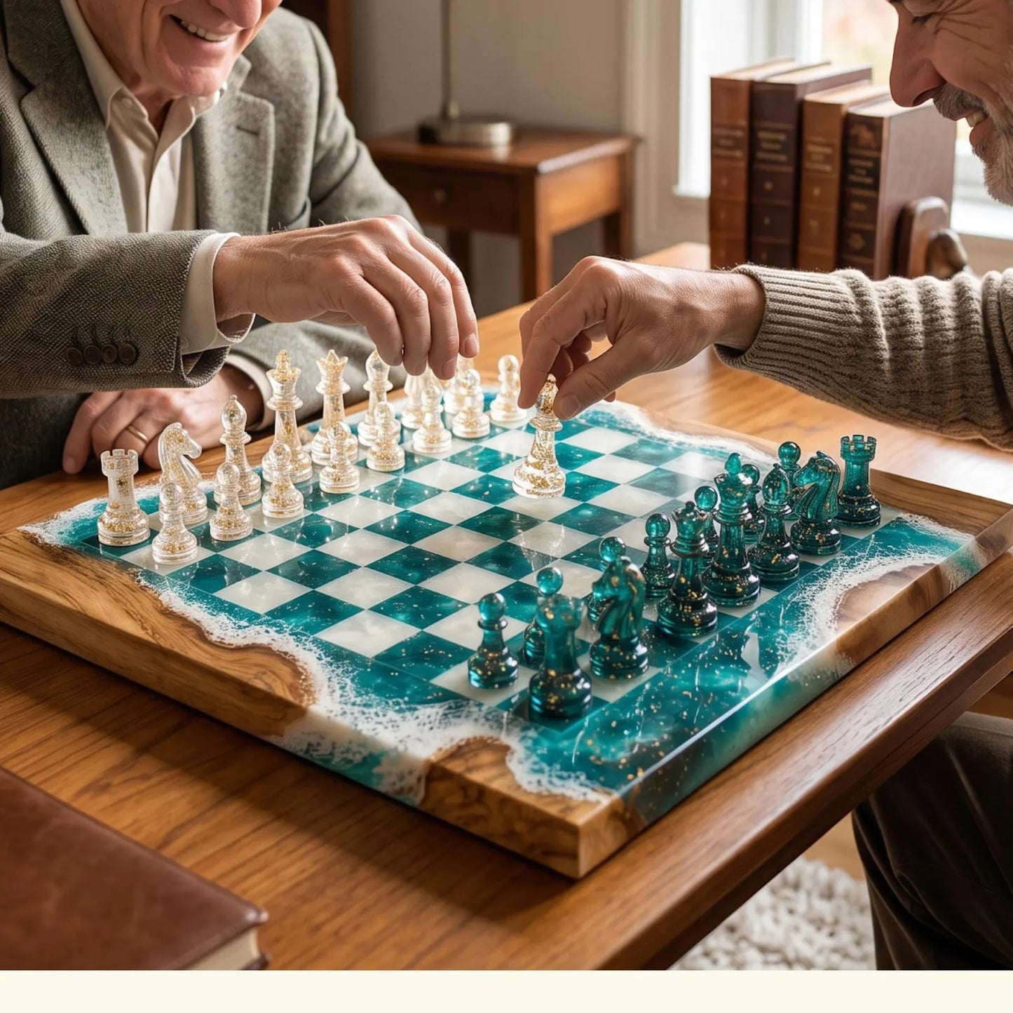 Handcrafted Ocean Blue Resin Chess Set – Luxury Epoxy Wood Chess Board with Pieces