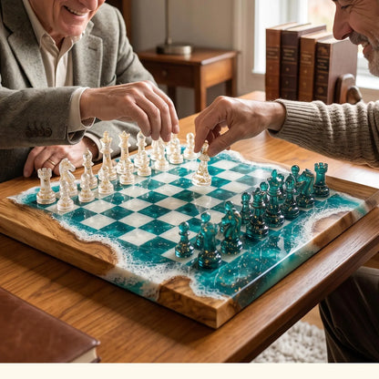 Handcrafted Ocean Blue Resin Chess Set – Luxury Epoxy Wood Chess Board with Pieces