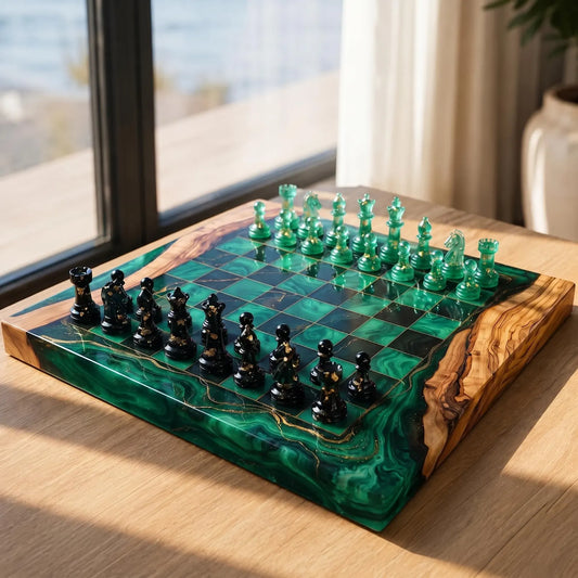 Luxury Emerald Green Resin Chess Set with Handmade Epoxy Wood Board and 32 Pieces
