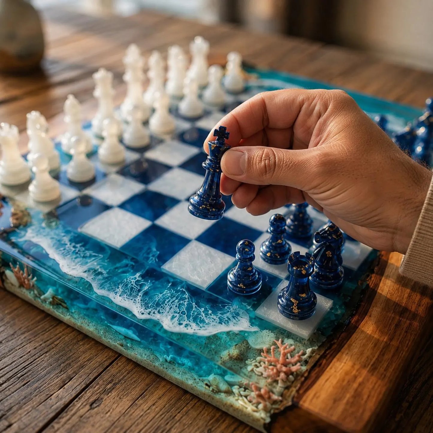 Handcrafted Ocean Resin Chess Set – Luxury Wooden Epoxy Chess Board with Pieces