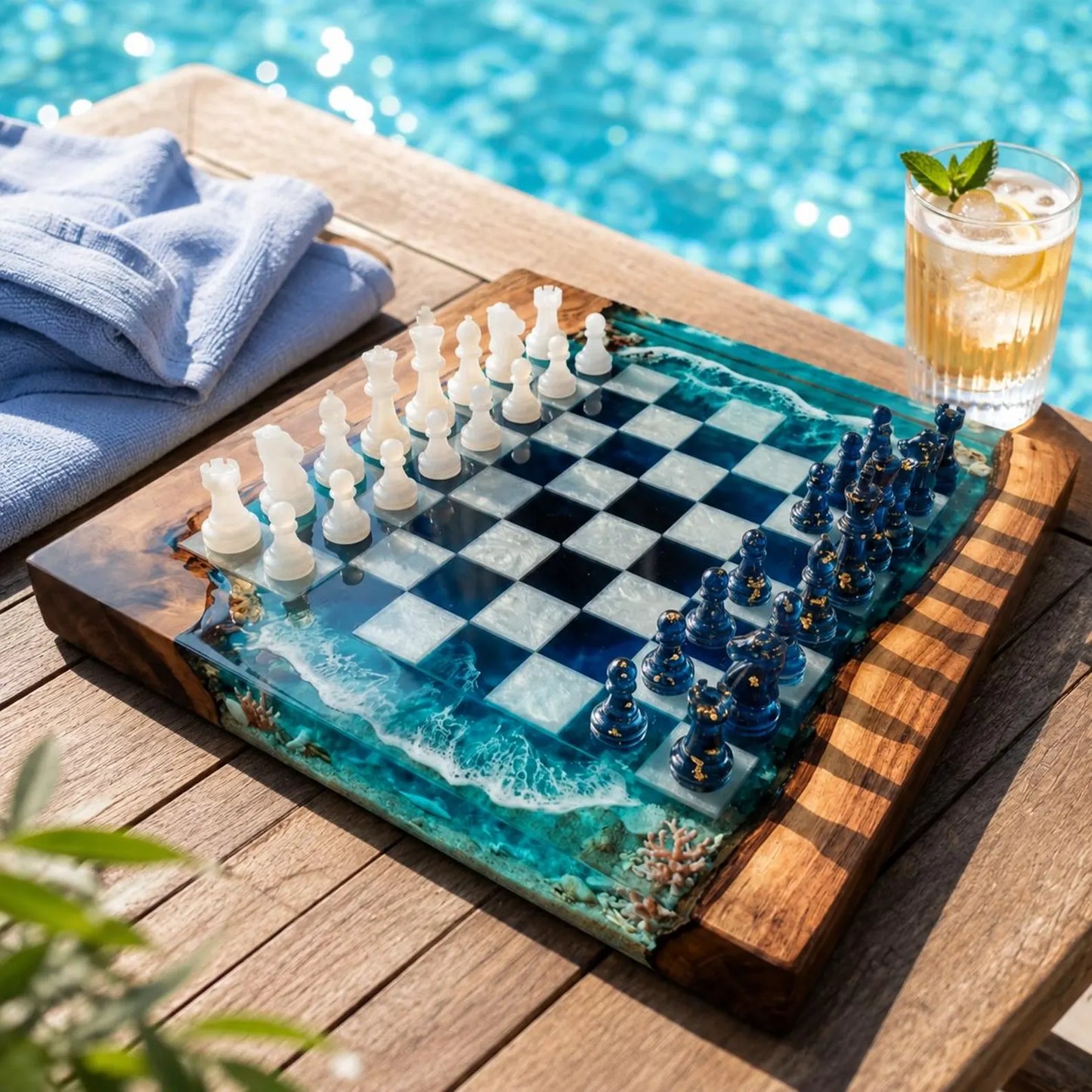 Handcrafted Ocean Resin Chess Set – Luxury Wooden Epoxy Chess Board with Pieces