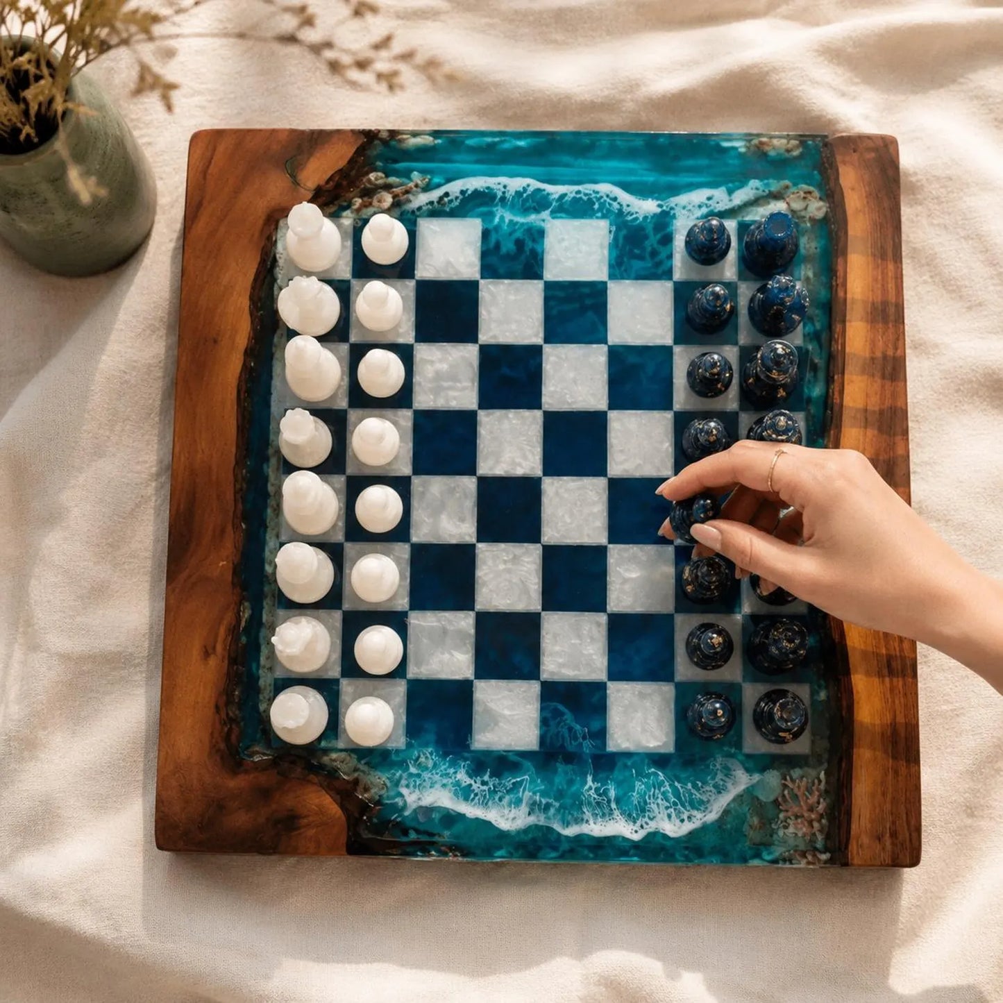 Handcrafted Ocean Resin Chess Set – Luxury Wooden Epoxy Chess Board with Pieces