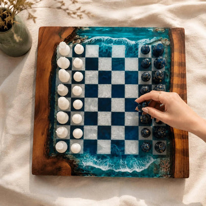 Handcrafted Ocean Resin Chess Set – Luxury Wooden Epoxy Chess Board with Pieces