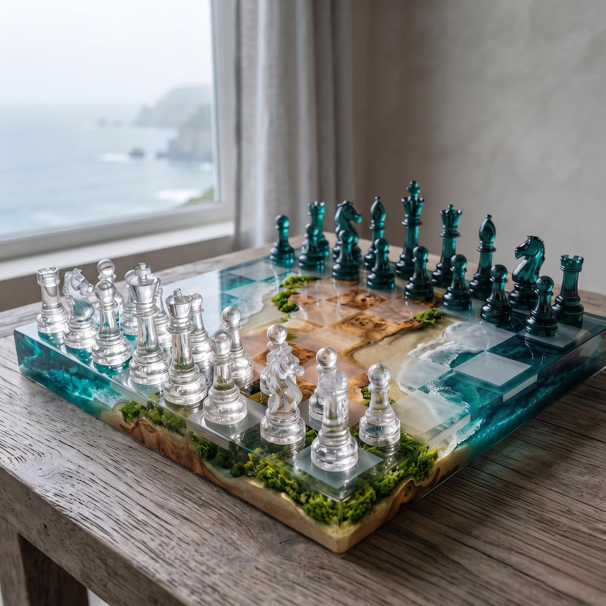 Ocean Resin Chess Set with Natural Wood, Moss and Handmade Teal Epoxy Board Design