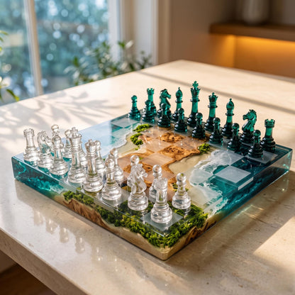 Ocean Resin Chess Set with Natural Wood, Moss and Handmade Teal Epoxy Board Design