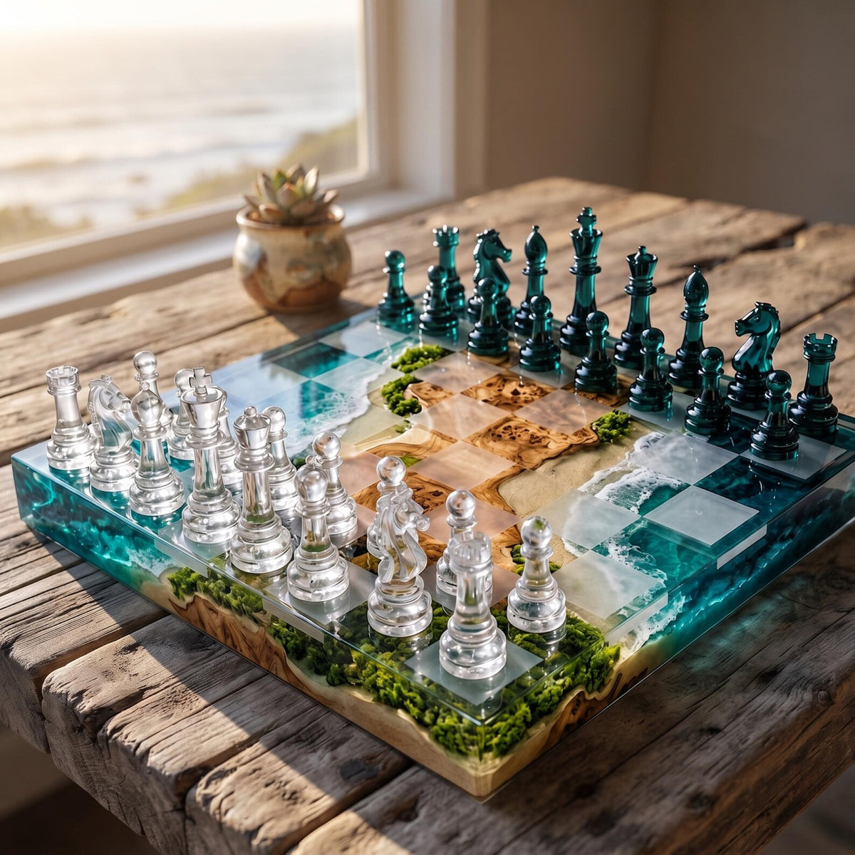 Ocean Resin Chess Set with Natural Wood, Moss and Handmade Teal Epoxy Board Design