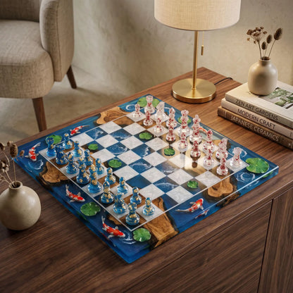 Luxury Koi Fish Resin Chess Set Handmade Epoxy Wood Chess Board Ocean Pond Design